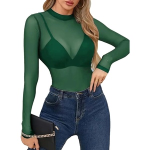 Avidlove Mesh Top for Women Long Sleeve See Through Shirt Mock Neck Sheer Blouse Clubwear Party XS-3XL(Green)