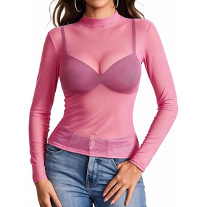 Avidlove Mesh Top for Women Long Sleeve See Through Shirt Mock Neck Sheer Blouse Clubwear Party XS-3XL(Hot Pink)