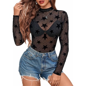 Avidlove Mesh Top for Women Long Sleeve See Through Shirt Mock Neck Sheer Blouse Clubwear Party XS-3XL(Kt91)