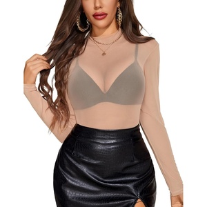 Avidlove Mesh Top for Women Long Sleeve See Through Shirt Mock Neck Sheer Blouse Clubwear Party XS-3XL(Light Tan)