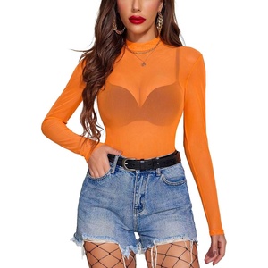 Avidlove Mesh Top for Women Long Sleeve See Through Shirt Mock Neck Sheer Blouse Clubwear Party XS-3XL(Orange)