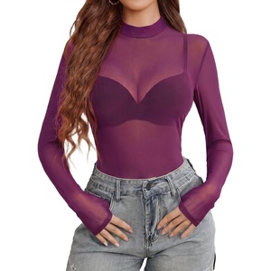 Avidlove Mesh Top for Women Long Sleeve See Through Shirt Mock Neck Sheer Blouse Clubwear Party XS-3XL(Purple)