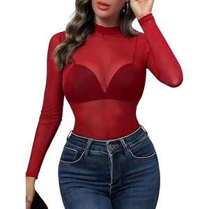 Avidlove Mesh Top for Women Long Sleeve See Through Shirt Mock Neck Sheer Blouse Clubwear Party XS-3XL(Wine Red)