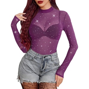 Avidlove Mesh Top for Women Long Sleeve See Through Shirt Mock Neck Sheer Blouse Clubwear Party XS-3XL(Z-purple(rhinestone ))