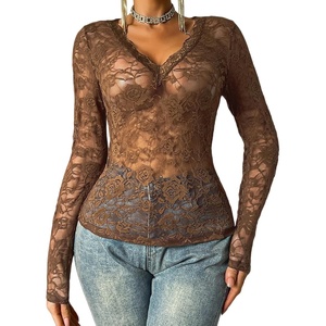 Avidlove Mesh Tops for Women Sheer Long Sleeve Tops V Neck Lace Blouses Under Shirts Floral Lace Tee Shirt S-XXL(Brown)