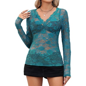 Avidlove Mesh Tops for Women Sheer Long Sleeve Tops V Neck Lace Blouses Under Shirts Floral Lace Tee Shirt S-XXL(Dark Blue)