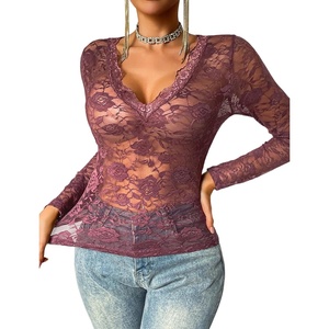 Avidlove Mesh Tops for Women Sheer Long Sleeve Tops V Neck Lace Blouses Under Shirts Floral Lace Tee Shirt S-XXL(Dark Red)