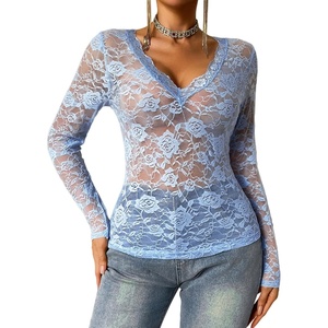Avidlove Mesh Tops for Women Sheer Long Sleeve Tops V Neck Lace Blouses Under Shirts Floral Lace Tee Shirt S-XXL(Light Blue)