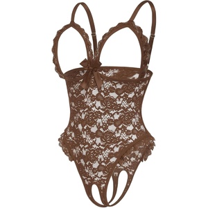 Avidlove One Piece Lingerie Sexy Teddy Ruffle V Neck Bodysuit Lace Nightie Set(Brown)