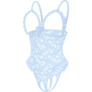 Avidlove One Piece Lingerie Sexy Teddy Ruffle V Neck Bodysuit Lace Nightie Set(Clear Blue)