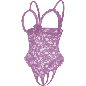 Avidlove One Piece Lingerie Sexy Teddy Ruffle V Neck Bodysuit Lace Nightie Set(Grape Nectar)
