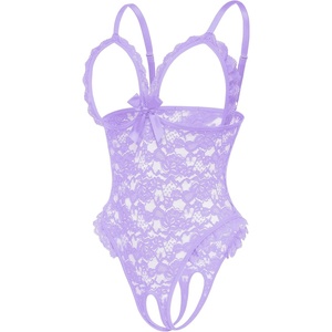 Avidlove One Piece Lingerie Sexy Teddy Ruffle V Neck Bodysuit Lace Nightie Set(Lavender Purple)