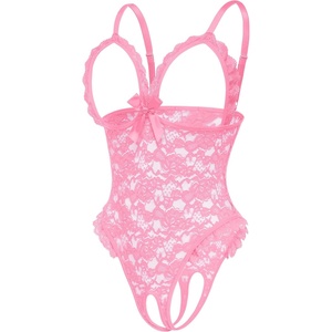 Avidlove One Piece Lingerie Sexy Teddy Ruffle V Neck Bodysuit Lace Nightie Set(Pink)