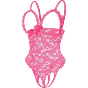 Avidlove One Piece Lingerie Sexy Teddy Ruffle V Neck Bodysuit Lace Nightie Set(Rose Red)