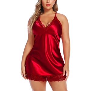 Avidlove Plus Size Lingerie Satin Lace Chemise Nightgown V Neck Halter Babydoll Sexy Full Slip Sleepwear L-4XL(1 Red)