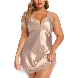 Avidlove Plus Size Lingerie Satin Lace Chemise Nightgown V Neck Halter Babydoll Sexy Full Slip Sleepwear L-4XL(Coffee)
