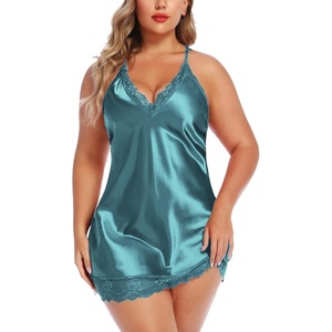 Avidlove Plus Size Lingerie Satin Lace Chemise Nightgown V Neck Halter Babydoll Sexy Full Slip Sleepwear L-4XL(Light Green)
