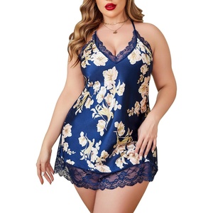 Avidlove Plus Size Lingerie Satin Lace Chemise Nightgown V Neck Halter Babydoll Sexy Full Slip Sleepwear L-4XL(Navy Blue Floral)