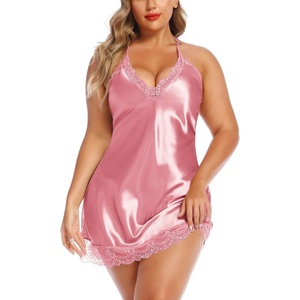 Avidlove Plus Size Lingerie Satin Lace Chemise Nightgown V Neck Halter Babydoll Sexy Full Slip Sleepwear L-4XL(Rose Red)