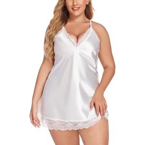 Avidlove Plus Size Lingerie Satin Lace Chemise Nightgown V Neck Halter Babydoll Sexy Full Slip Sleepwear L-4XL(White)