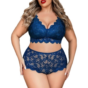 Avidlove Plus Size Lingerie Set for Women Sexy Lace Halter Bralette High Waist Panty Set(Blue)