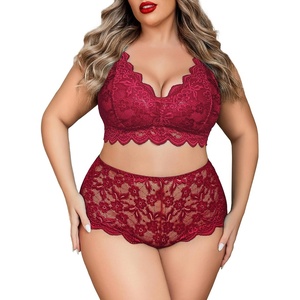 Avidlove Plus Size Lingerie Set for Women Sexy Lace Halter Bralette High Waist Panty Set(Cardinal Red)