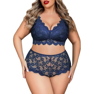 Avidlove Plus Size Lingerie Set for Women Sexy Lace Halter Bralette High Waist Panty Set(Navy Blue)