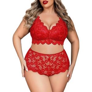 Avidlove Plus Size Lingerie Set for Women Sexy Lace Halter Bralette High Waist Panty Set(Red)