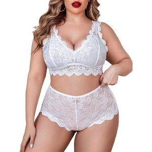 Avidlove Plus Size Lingerie Set for Women Sexy Lace Halter Bralette High Waist Panty Set(White)