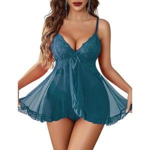 Avidlove Sexy Lingerie for Women Lace Babydoll Lingerie Dress V-Neck Front Open Ruffle Chemise with Thong 2 Piece(Blue Green)
