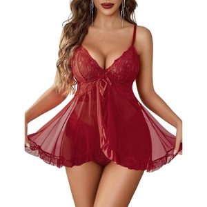 Avidlove Sexy Lingerie for Women Lace Babydoll Lingerie Dress V-Neck Front Open Ruffle Chemise with Thong 2 Piece(Burgundy)