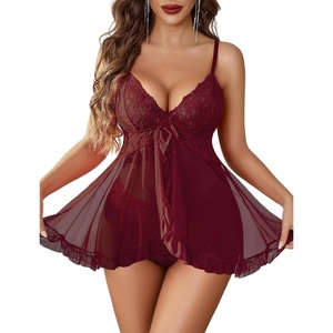 Avidlove Sexy Lingerie for Women Lace Babydoll Lingerie Dress V-Neck Front Open Ruffle Chemise with Thong 2 Piece(Dark Red)