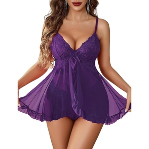Avidlove Sexy Lingerie for Women Lace Babydoll Lingerie Dress V-Neck Front Open Ruffle Chemise with Thong 2 Piece(Purple)