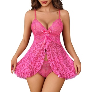 Avidlove Sexy Lingerie for Women Lace Babydoll Lingerie Dress V-Neck Front Open Ruffle Chemise with Thong 2 Piece(Rose Red Leopard)