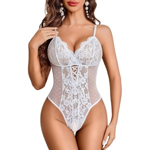 Avidlove Sexy Lingerie for Women Lace Bodysuit Deep V Teddy One Piece Mini Babydoll(White)