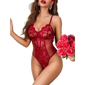 Avidlove Sexy Lingerie for Women Lace Bodysuit Deep V Teddy One Piece Mini Babydoll(Wine Red)