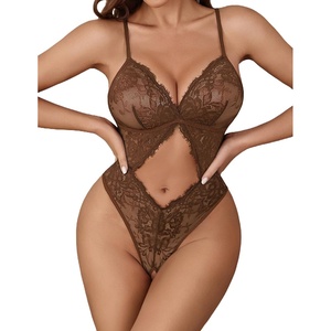 Avidlove Sexy Lingerie for Women Lace Teddy One Piece Cross Strap Bodysuit Lingerie(Brown)