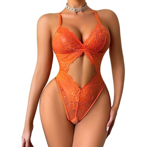Avidlove Sexy Lingerie for Women Lace Teddy One Piece Cross Strap Bodysuit Lingerie(Orange)