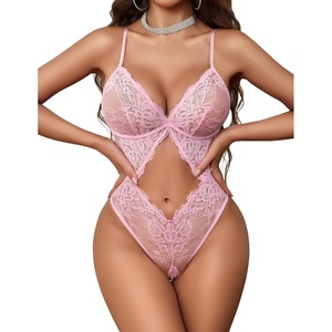 Avidlove Sexy Lingerie for Women Lace Teddy One Piece Cross Strap Bodysuit Lingerie(Pink)