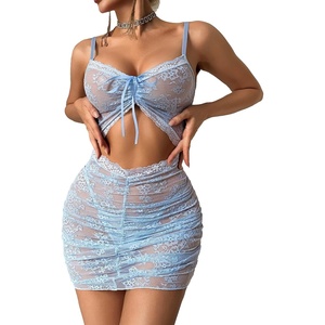 Avidlove Sexy Lingerie for Women Ruched Lace Babydoll Lingerie Cutout Mesh Bodycon Chemise Nightgown S-XXL(Light Blue)