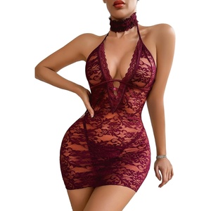 Avidlove Women Babydoll Lingerie Lace Chemise Halter Nightwear Teddy Dress(Cherry Red)