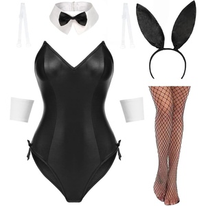 Avidlove Women Bunny Costume Lingerie Sets for Women Sexy Halloween One Piece Bodysuit Stockings Set（7-Piece Set）(Black)