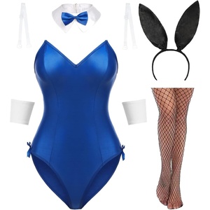 Avidlove Women Bunny Costume Lingerie Sets for Women Sexy Halloween One Piece Bodysuit Stockings Set（7-Piece Set）(Blue)