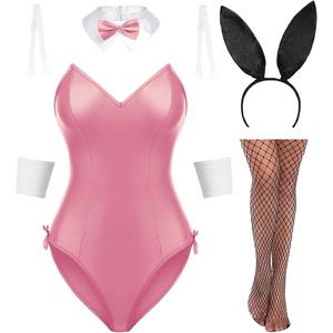 Avidlove Women Bunny Costume Lingerie Sets for Women Sexy Halloween One Piece Bodysuit Stockings Set（7-Piece Set）(Pink)