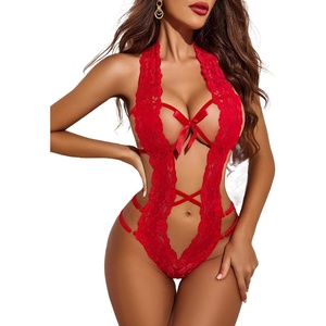 Avidlove Women Deep V Halter Lingerie Teddy One Piece Bodysuit Lace Babydoll(1 A-red)
