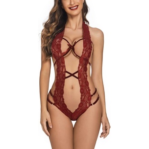 Avidlove Women Deep V Halter Lingerie Teddy One Piece Bodysuit Lace Babydoll(1dark Red)