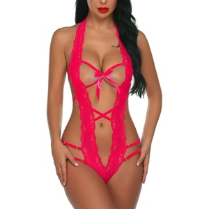 Avidlove Women Deep V Halter Lingerie Teddy One Piece Bodysuit Lace Babydoll(Hot Pink)