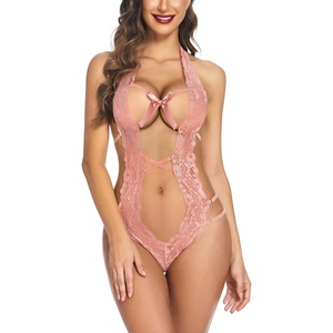 Avidlove Women Deep V Halter Lingerie Teddy One Piece Bodysuit Lace Babydoll(Light Pink)