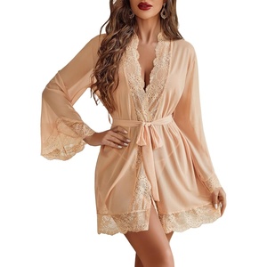 Avidlove Women Lace Kimono Robe Babydoll Sexy Lingerie Mesh Chemise Nightgown Cover Up(Khaki)