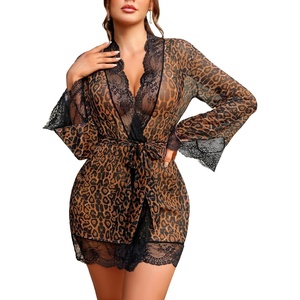 Avidlove Women Lace Kimono Robe Babydoll Sexy Lingerie Mesh Chemise Nightgown Cover Up(Leopard)